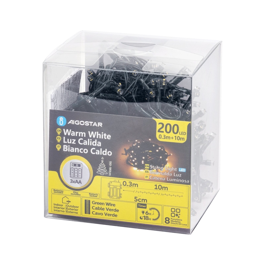 Aigostar - LED Ziemassvētku āra virtene 200xLED/8 funkcijas 3xAA 10,3m IP44 silti balta