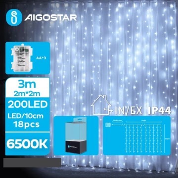 Aigostar - LED Ziemassvētku āra virtene 200xLED/8 funkcijas 3xAA 5x2m IP44 vēsi balts