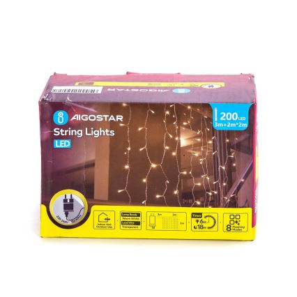 Aigostar - LED Ziemassvētku āra virtene 200xLED/8 funkcijas 5x2m IP44 silti balta