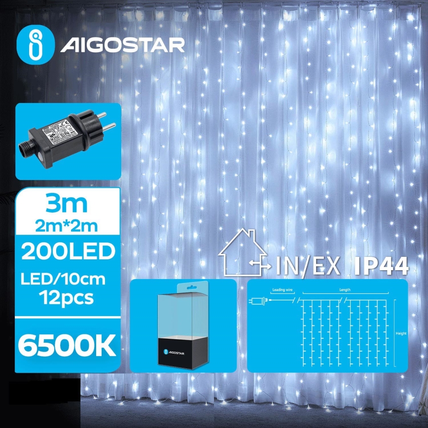 Aigostar - LED Ziemassvētku āra virtene 200xLED/8 funkcijas 5x2m IP44 vēsi balts