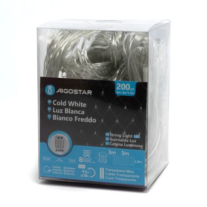 Aigostar - LED Ziemassvētku āra virtene 200xLED/8 funkcijas/3xAA 6x1,5m IP44 vēsi balts