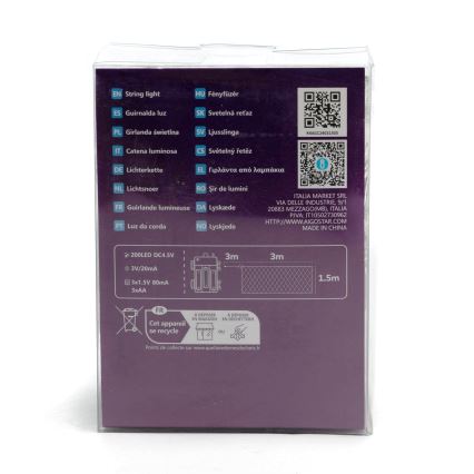 Aigostar - LED Ziemassvētku āra virtene 200xLED/8 funkcijas/3xAA 6x1,5m IP44 vēsi balts