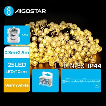 Aigostar - LED Ziemassvētku āra virtene 25xLED/3xAA/8 funkcijas 2,8 m IP44 silti balta