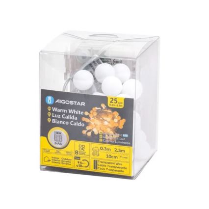 Aigostar-LED Ziemassvētku āra virtene 25xLED/3xAA/8 funkcijas 2,8 m IP44 silti balta