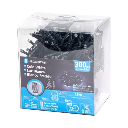Aigostar - LED Ziemassvētku āra virtene 300xLED/8 funkcijas 15,3m IP44 vēsi balts
