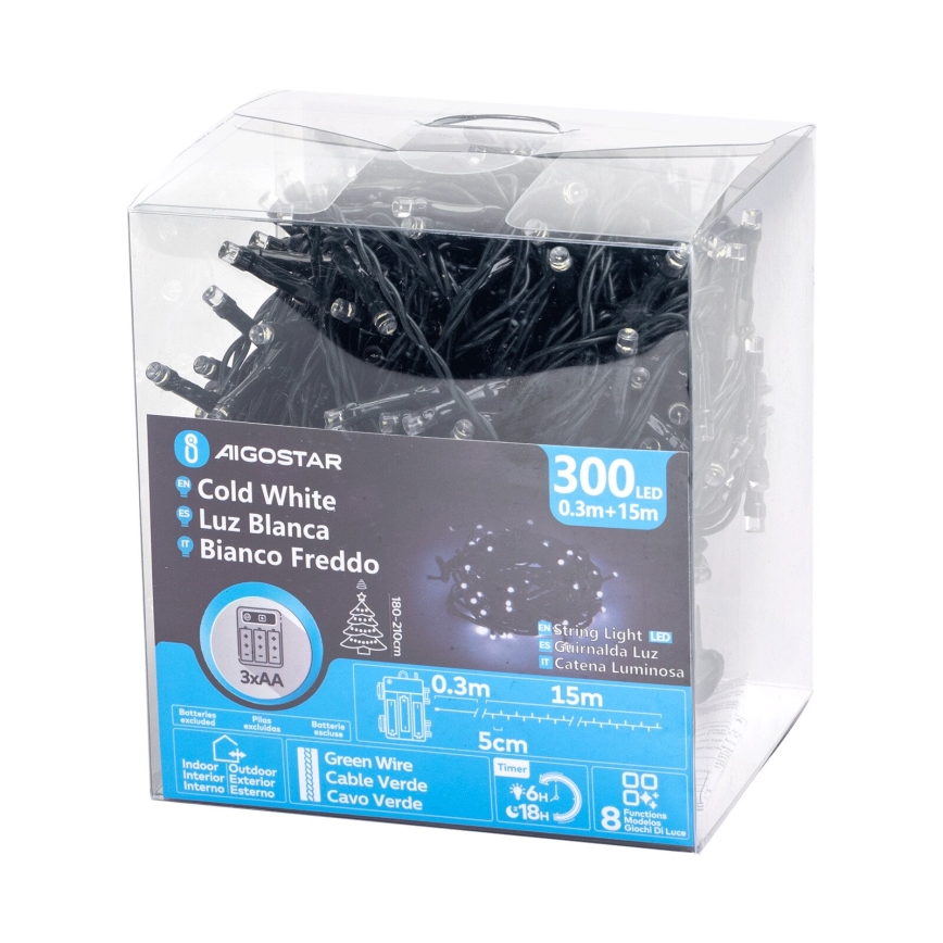 Aigostar - LED Ziemassvētku āra virtene 300xLED/8 funkcijas 15,3m IP44 vēsi balts