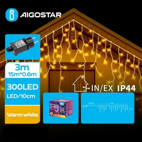 Aigostar - LED Ziemassvētku āra virtene 300xLED/8 funkcijas 18x0,6m IP44 silti balta