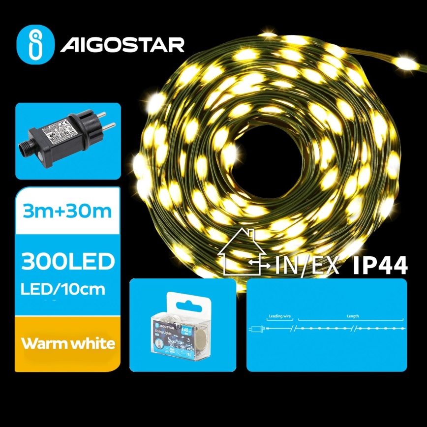 Aigostar - LED Ziemassvētku āra virtene 300xLED/8 funkcijas 33m IP44 silti balta