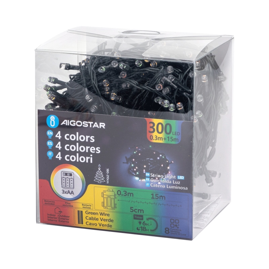 Aigostar -LED Ziemassvētku āra virtene 300xLED/8 funkcijas 3xAA 15,3m IP44 daudzkrāsaina