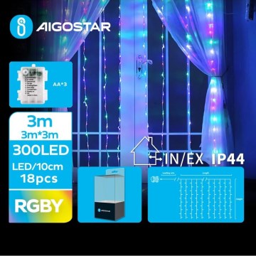 Aigostar - LED Ziemassvētku āra virtene 300xLED/8 funkcijas 3xAA 6x3m IP44 daudzkrāsaina
