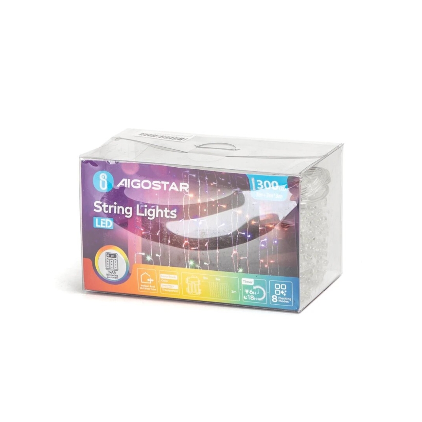 Aigostar - LED Ziemassvētku āra virtene 300xLED/8 funkcijas 3xAA 6x3m IP44 daudzkrāsaina