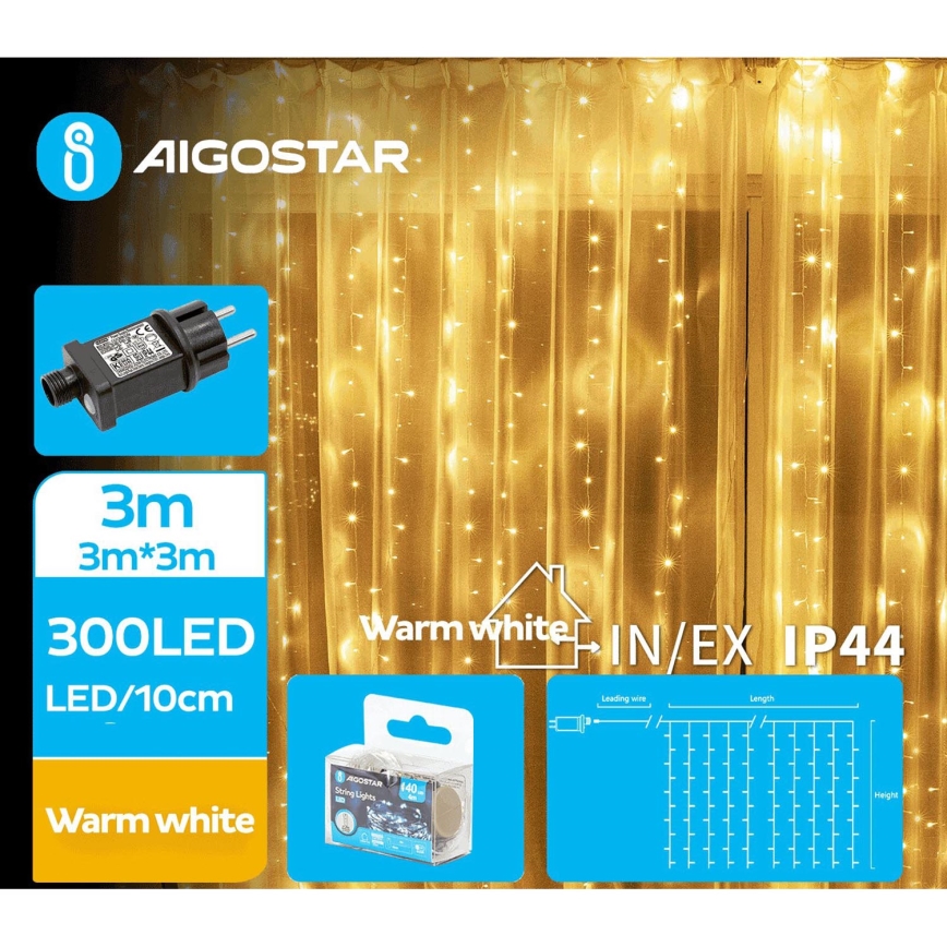 Aigostar - LED Ziemassvētku āra virtene 300xLED/8 funkcijas 6x3m IP44 silti balta