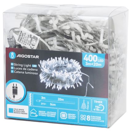 Aigostar - LED Ziemassvētku āra virtene 400xLED/8 funkcijas 23m IP44 auksti balta