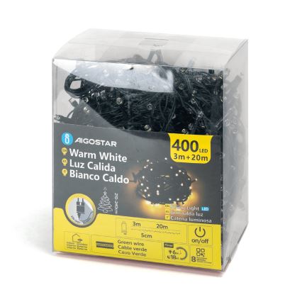 Aigostar - LED Ziemassvētku āra virtene 400xLED/8 funkcijas 23m IP44 silti balta