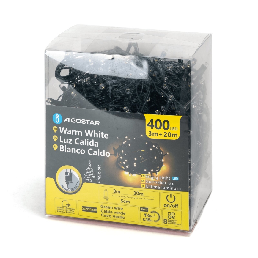 Aigostar - LED Ziemassvētku āra virtene 400xLED/8 funkcijas 23m IP44 silti balta