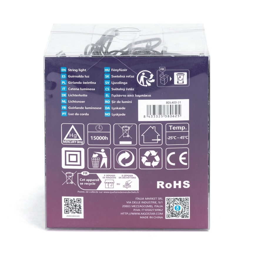 Aigostar - LED Ziemassvētku āra virtene 400xLED/8 funkcijas 23m IP44 silti balta