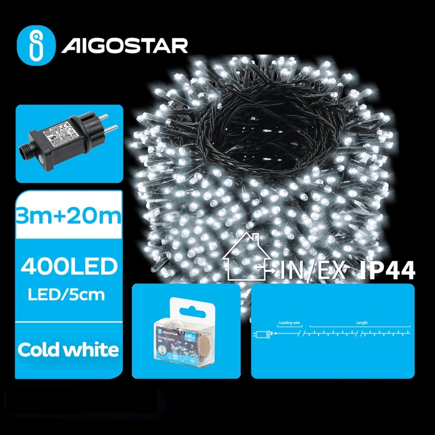 Aigostar - LED Ziemassvētku āra virtene 400xLED/8 funkcijas 23m IP44 vēsi balts