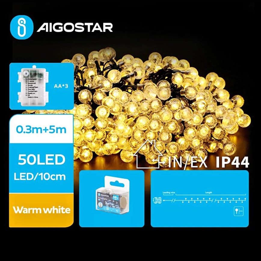 Aigostar - LED Ziemassvētku āra virtene 50xLED/3xAA/8 funkcijas 5,3 m IP44 silti balta