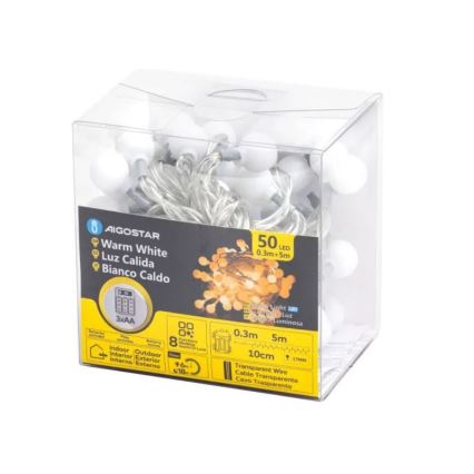 Aigostar - LED Ziemassvētku āra virtene 50xLED/3xAA/8 funkcijas 5,3 m IP44 silti balta