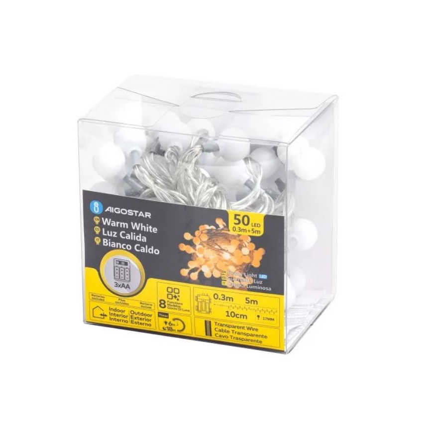 Aigostar - LED Ziemassvētku āra virtene 50xLED/3xAA/8 funkcijas 5,3 m IP44 silti balta