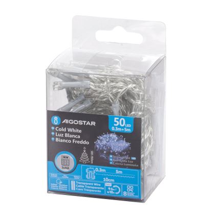 Aigostar -LED Ziemassvētku āra virtene 50xLED/8 funkcijas 3xAA 5,3m IP44 vēsi balts