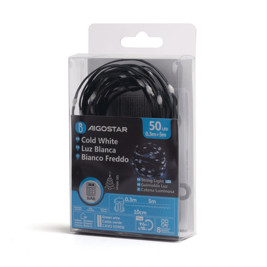 Aigostar -LED Ziemassvētku āra virtene 50xLED/8 funkcijas 3xAA 5,3m IP44 vēsi balts