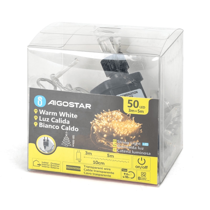 Aigostar - LED Ziemassvētku āra virtene 50xLED/8 funkcijas 8m IP44 silti balta
