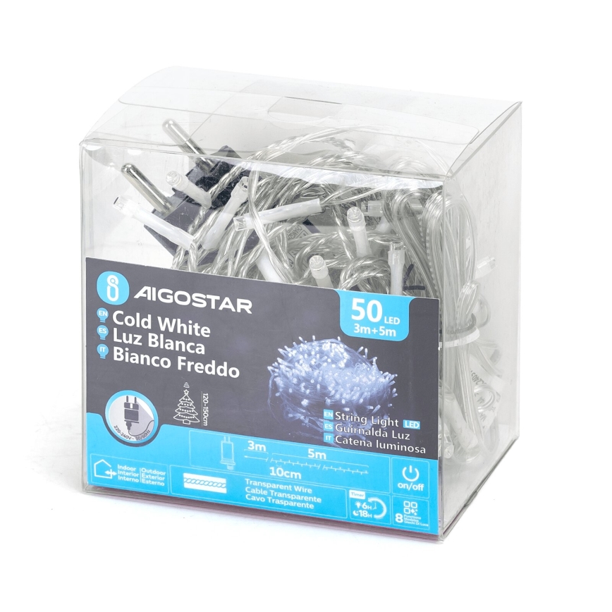 Aigostar - LED Ziemassvētku āra virtene 50xLED/8 funkcijas 8m IP44 vēsi balts