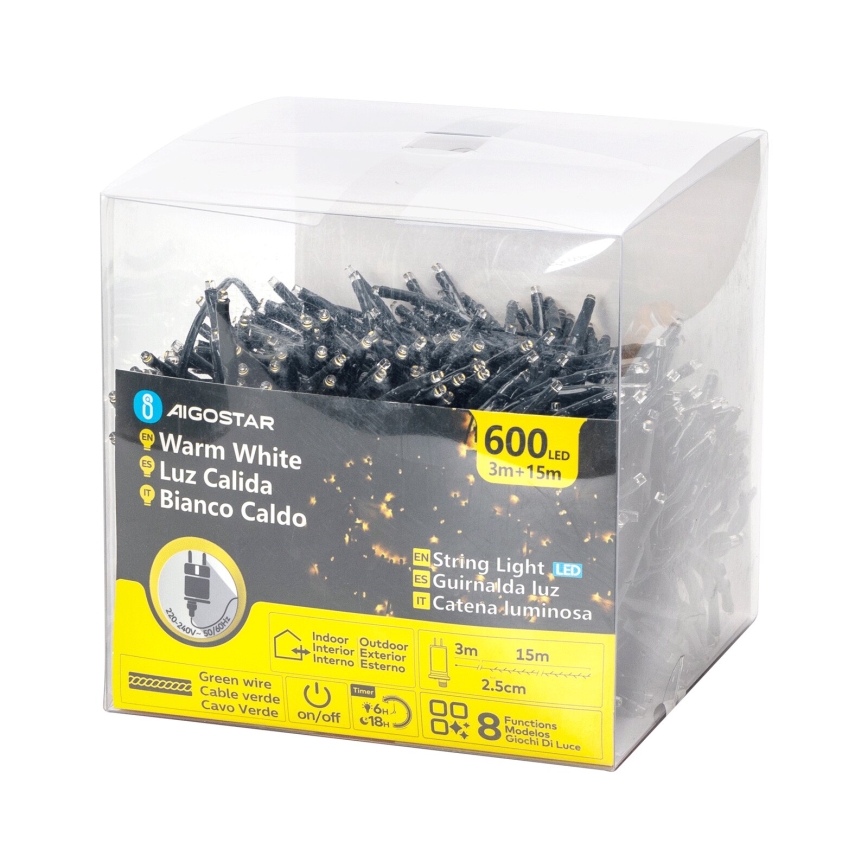 Aigostar - LED Ziemassvētku āra virtene 600xLED/8 funkcijas 18m IP44 silti balta