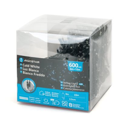Aigostar - LED Ziemassvētku āra virtene 600xLED/8 funkcijas 18m IP44 vēsi balts