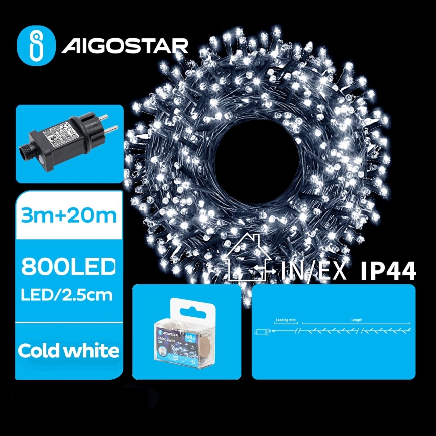 Aigostar - LED Ziemassvētku āra virtene 800xLED/8 funkcijas 23m IP44 vēsi balts