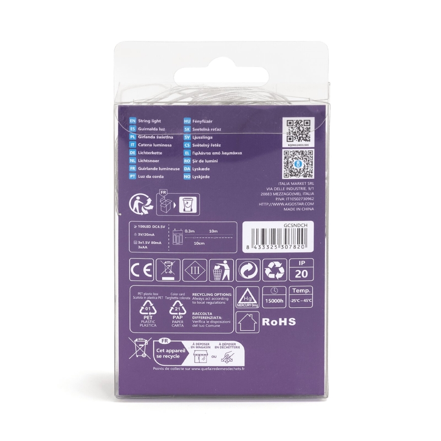 Aigostar - LED Ziemassvētku virtene 100xLED/3xAA 10,3m silti balta