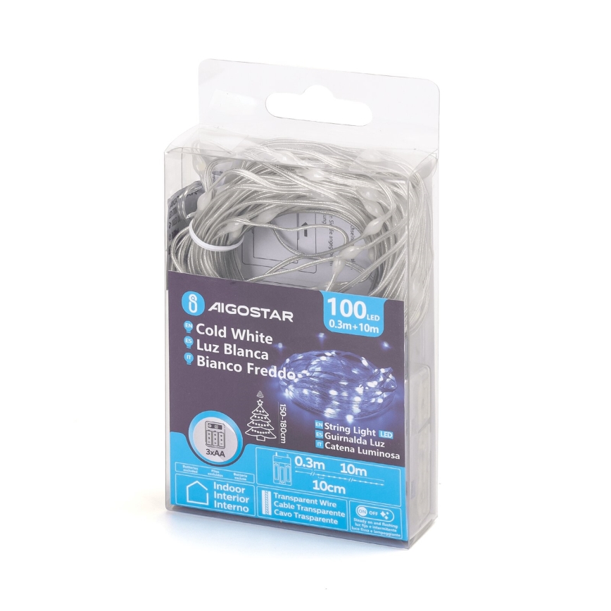 Aigostar - LED Ziemassvētku virtene 100xLED/3xAA 10,3m vēsi balts