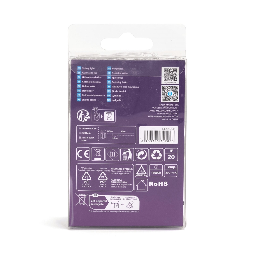 Aigostar - LED Ziemassvētku virtene 100xLED/3xAA 10,3m vēsi balts