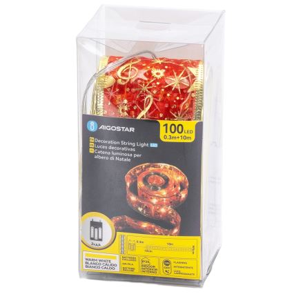 Aigostar - LED Ziemassvētku virtene 100xLED/3xAA 10 m siltā balta / sarkana