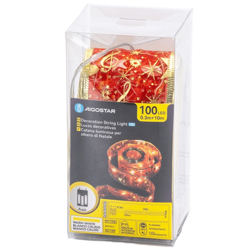 Aigostar - LED Ziemassvētku virtene 100xLED/3xAA 10 m siltā balta / sarkana