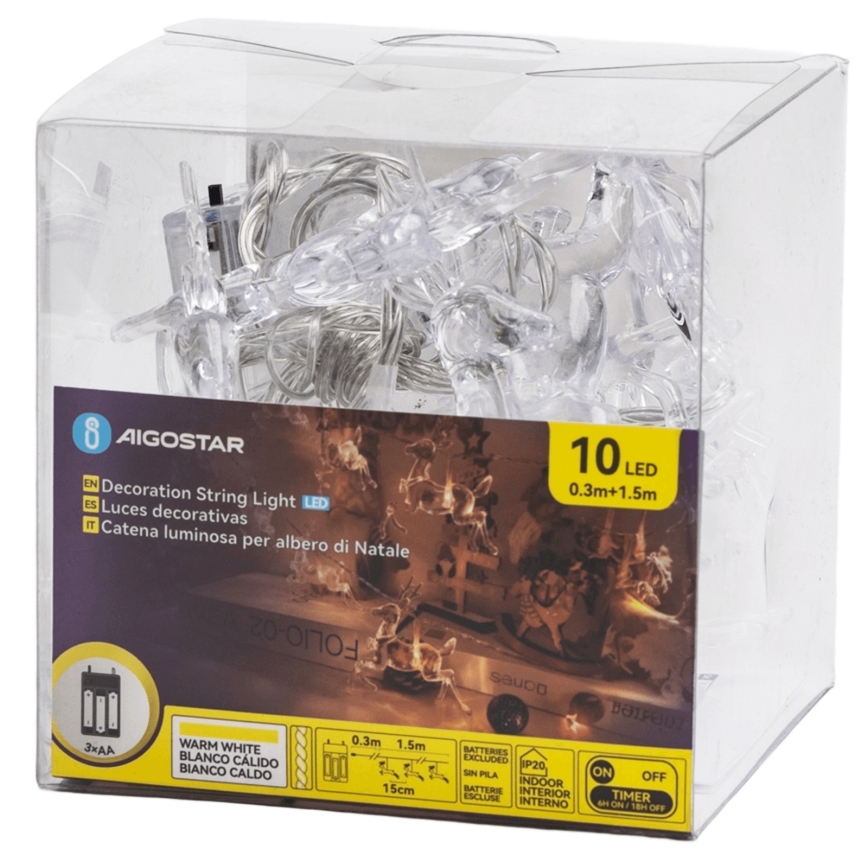 Aigostar - LED Ziemassvētku virtene 10xLED/3xAA, 1,5 m, siltā balta, ar briežiem