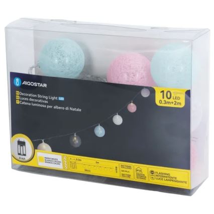 Aigostar - LED Ziemassvētku virtene 10xLED/3xAA 2m siltā baltā krāsā
