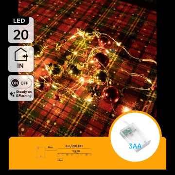 Aigostar - LED Ziemassvētku virtene, 20 LED, darbināma ar 3×AA, 2 m, siltā baltā krāsā
