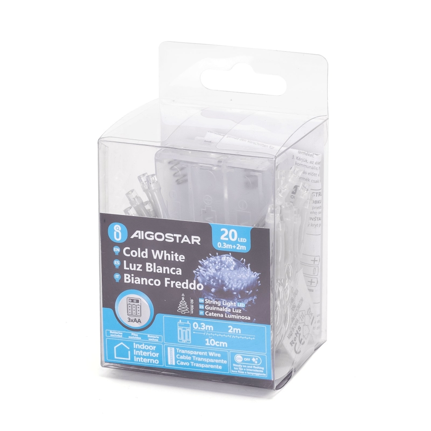 Aigostar - LED Ziemassvētku virtene 20xLED/3xAA 2,3m auksti balta