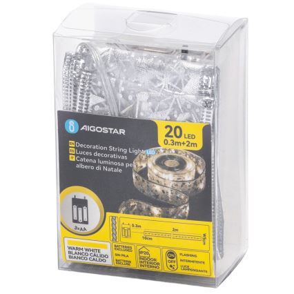 Aigostar - LED Ziemassvētku virtene, 20 LED, barošana: 3×AA, 2 m, silti balta, sudraba
