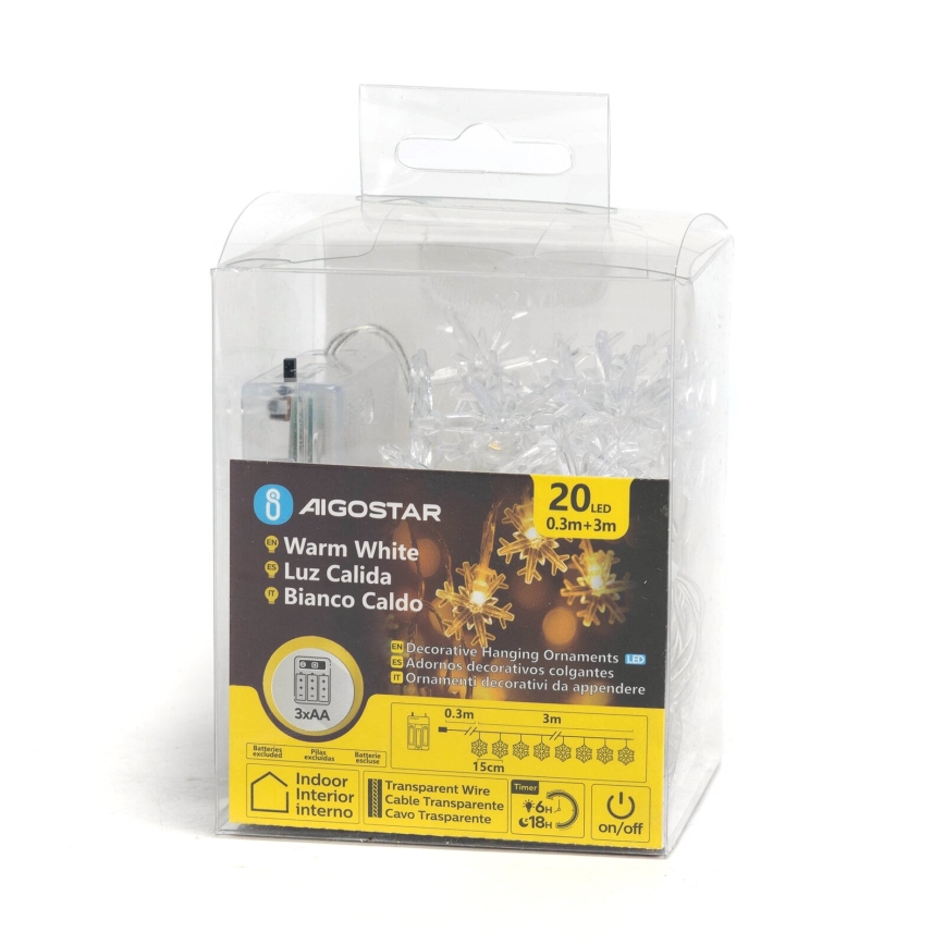 Aigostar - LED Ziemassvētku virtene 20xLED/3xAA 3,3m sniegpārslas