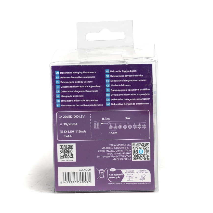 Aigostar - LED Ziemassvētku virtene 20xLED/3xAA 3,3m sniegpārslas