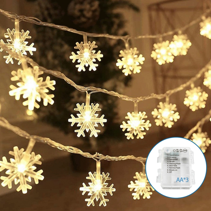 Aigostar - LED Ziemassvētku virtene 20xLED/3xAA 3,3m sniegpārsliņas
