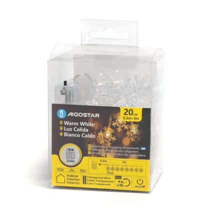 Aigostar - LED Ziemassvētku virtene 20xLED/3xAA 3,3m sniegpārsliņas