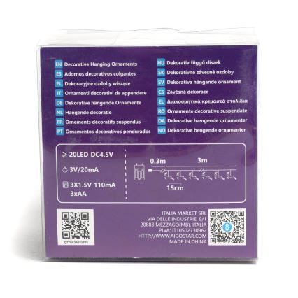 Aigostar - LED Ziemassvētku virtene 20xLED/3xAA 3,3m ziemeļbrieži