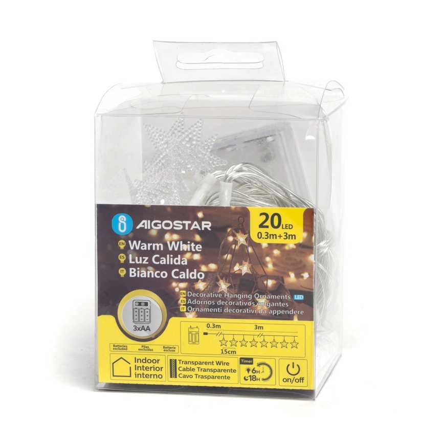 Aigostar - LED Ziemassvētku virtene 20xLED/3xAA 3,3m zvaigznes