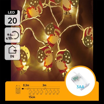 Aigostar - LED Ziemassvētku virtene 20xLED/3xAA 3m siltā baltā krāsā Santa Claus