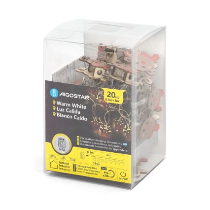 Aigostar - LED Ziemassvētku virtene 20xLED/3xAA 3m silti balta ziemeļbriedis