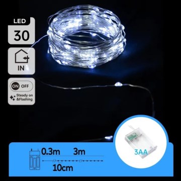 Aigostar - LED Ziemassvētku virtene 30xLED/3xAA 3,3 m auksti balta